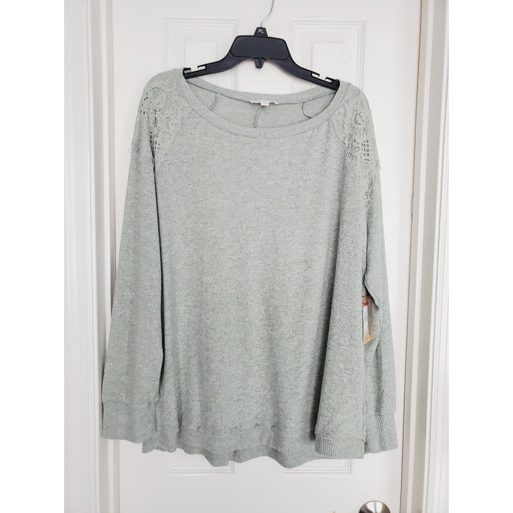 Anneliese Top Sage Green Lace Shoulder Long Sleeve Knit Pullover Plus‎ 3X NEW